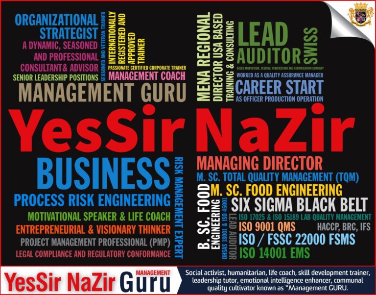 Profile board highlighting Yaser Nazir's expertise in business, risk management, and auditing.